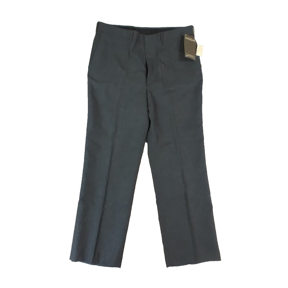 Haggar Dress Pants Men 38x30 Blue Flat Front Straight Leg Polyester Rayon Blend